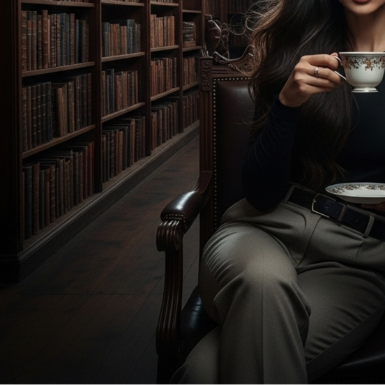 A woman sitting in a library, holding a cup and saucer, surrounded by books.